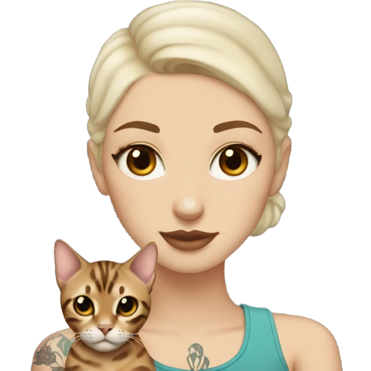 completely bald white girl with brown eyes and tattoos holding a bengal cat emoji