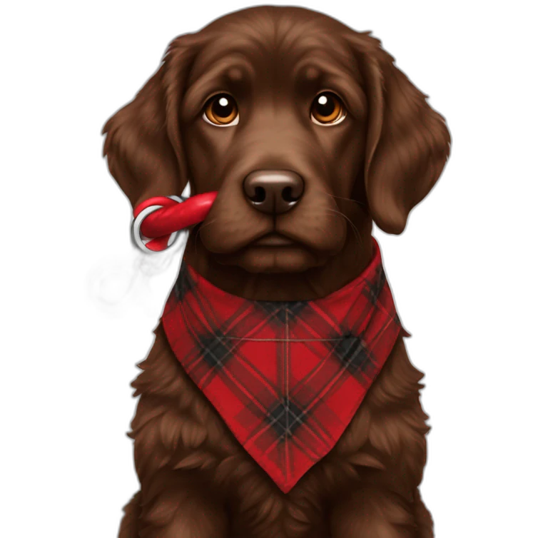 A chocolate colored doodle wearing a red and black flannel handkerchief holding his leash in his mouth emoji