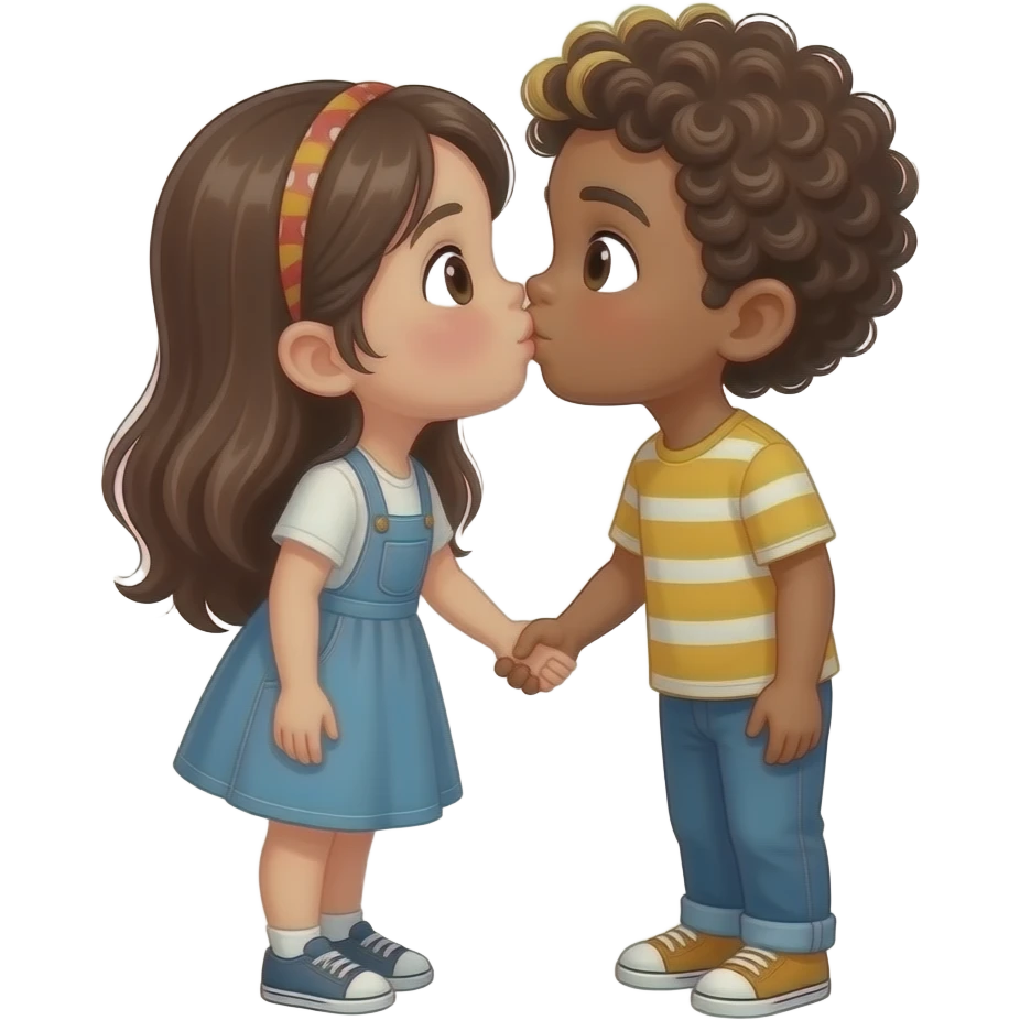 Dos niños una chica con el pelo largo y moreno que tenga ariba el nombre de Ángela y un chico con rizos y mechas rubias dandose un beso emoji