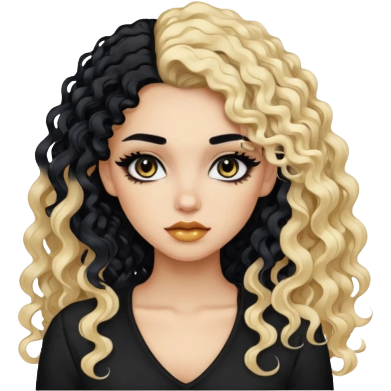 split dye leftside blonde rightside black hair, baddie, pretty makeup, black eyeliner, long curly hair emoji