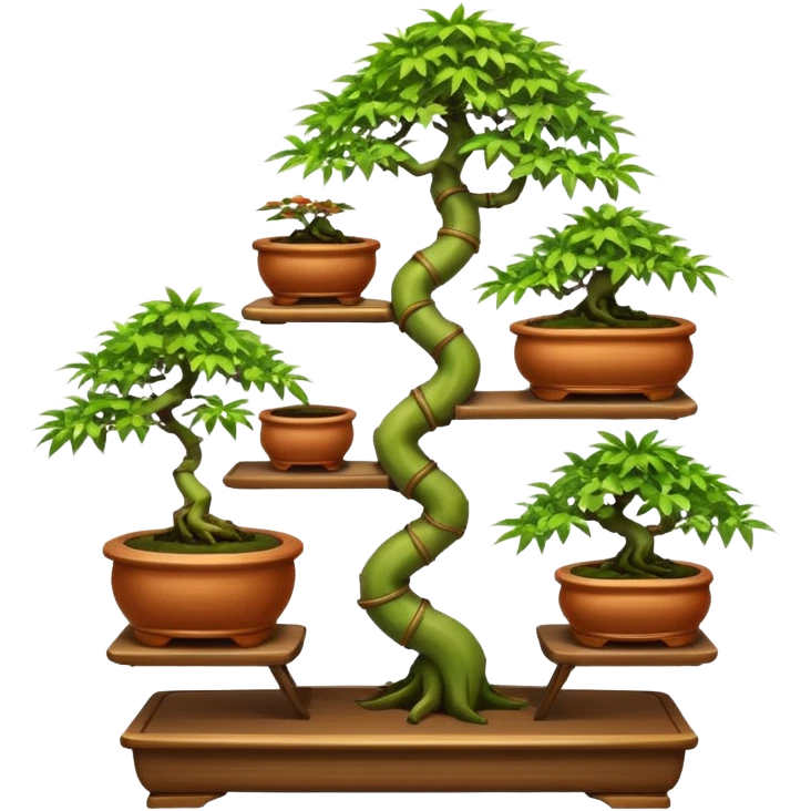 Twisted bamboo floor shelf unit stand displaying hair leaf maples and bonsai plants(in shallow bonsai pots) cluttered because they have too many  emoji