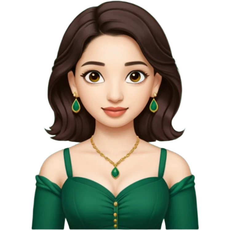 pretty bratz genmoji that looks like tamannah bhatia (bollywood actress), wearing a dark green sweetheart neckline top, dark brown hair, light makeup, no necklace, dangly earrings, side hair part emoji