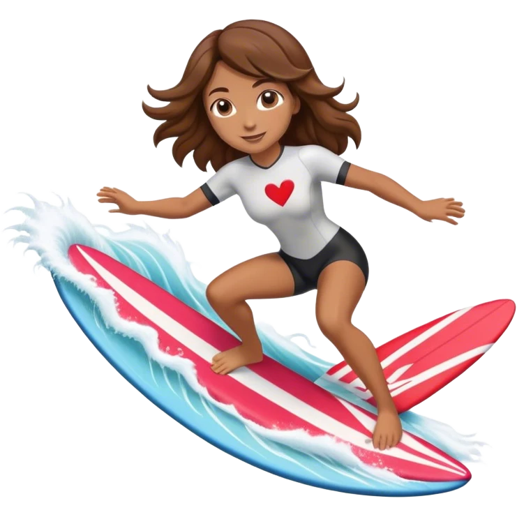 Woman with brown hair surfing wave in 3d heart emoji