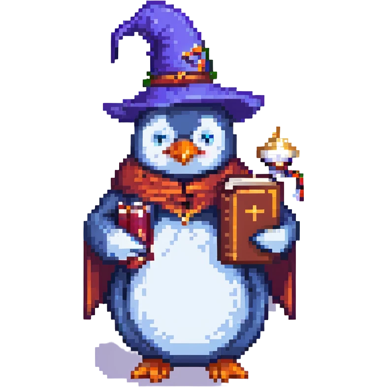 cute pixel art penguin wizard holding a spellbook emoji