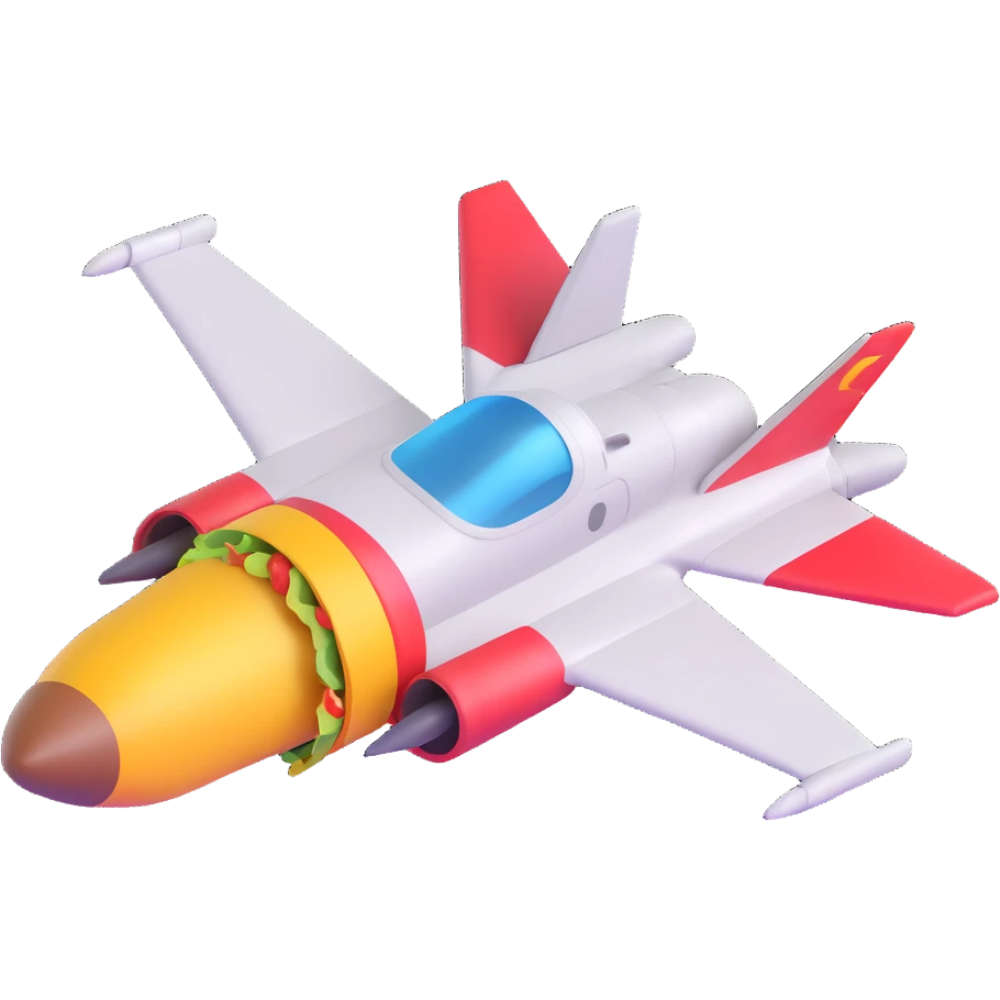 jet fighter inspired by Top Gun, holding a taco emoji under its wing, energetic and fun emoji