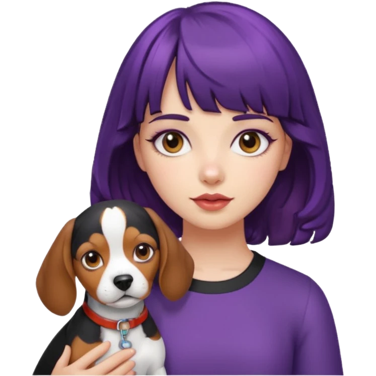 Girl with curly hair with purple and black hair and blunt bangs holding a beagle emoji