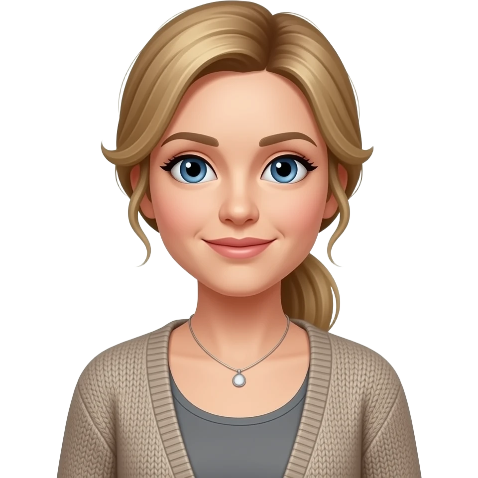Blue eyes, fair skin, longer blonde/brown hair pony tail, 38 aged women, cardigan, grey top,small necklace emoji
