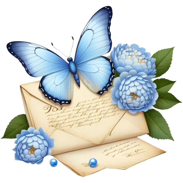 A delicate still life of a pale blue butterfly resting on an aged love letter, sealed with golden wax, accompanied by a bouquet of white peonies and soft blue hydrangeas, with pearl beads scattered nearby.
 emoji
