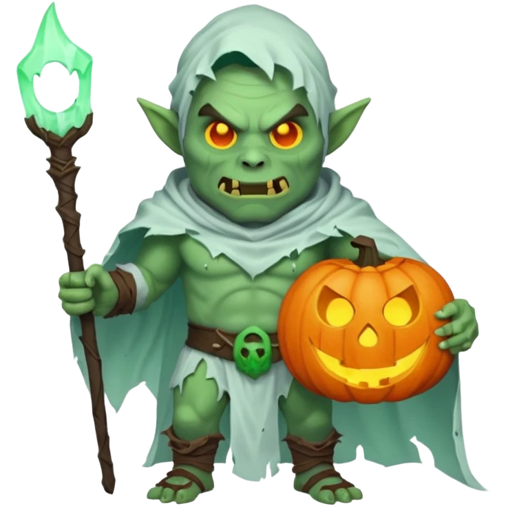male orc warrior ghost emoji, green skin, tusks, wearing torn white ghost sheet costume, holding glowing jack-o'-lantern, faint blue aura, friendly but spooky expression, Halloween fantasy theme, Apple emoji style, clean white background, square emoji