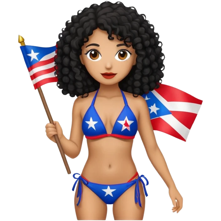 Tan skin girl with black curly hair holding a Puerto Rican flag while wearing a bikini emoji