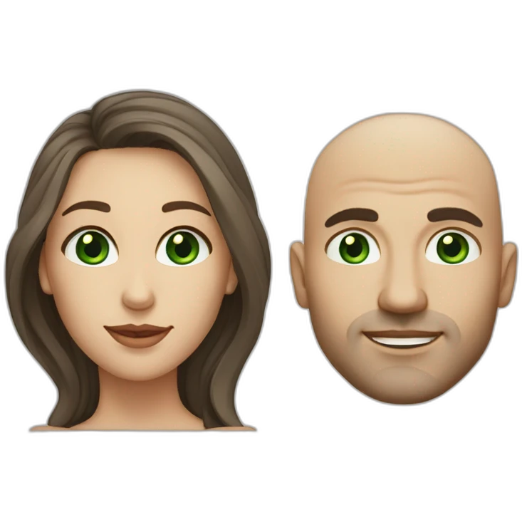 caucasian bald man with green eyes and a caucasian woman with long curly dark hair and brown eyes emoji