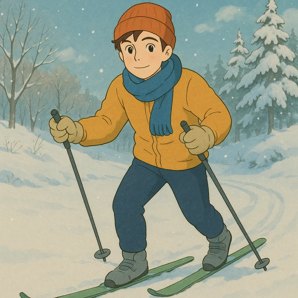 person skiing cross-country, Ghibli-inspired, gentle shading, snowy background, friendly look emoji