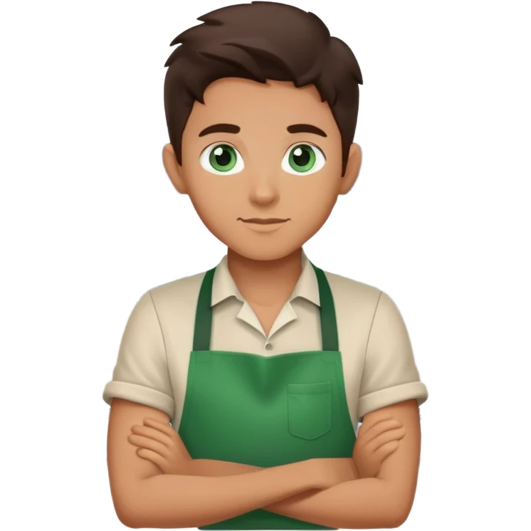 blue eyed brunette barista boy with green apron emoji