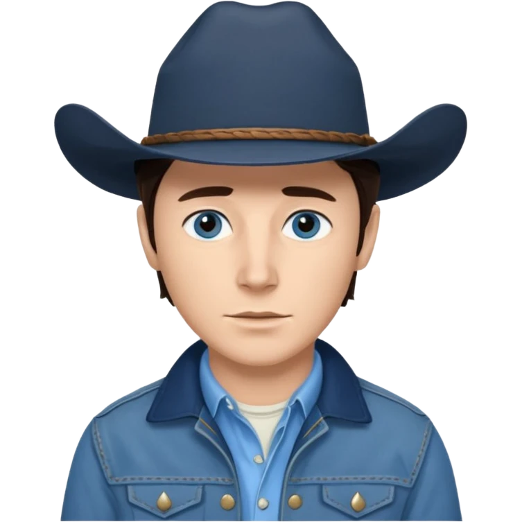 Jack Twist from Brokeback Mountain with blue eyes, dark brown hair, light blue shirt, navy blue jacket and cowboy hat emoji