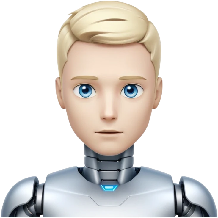 Male humanoid robot with short blond hair, metallic face, digital eyes, sharp jawline, futuristic emoji
