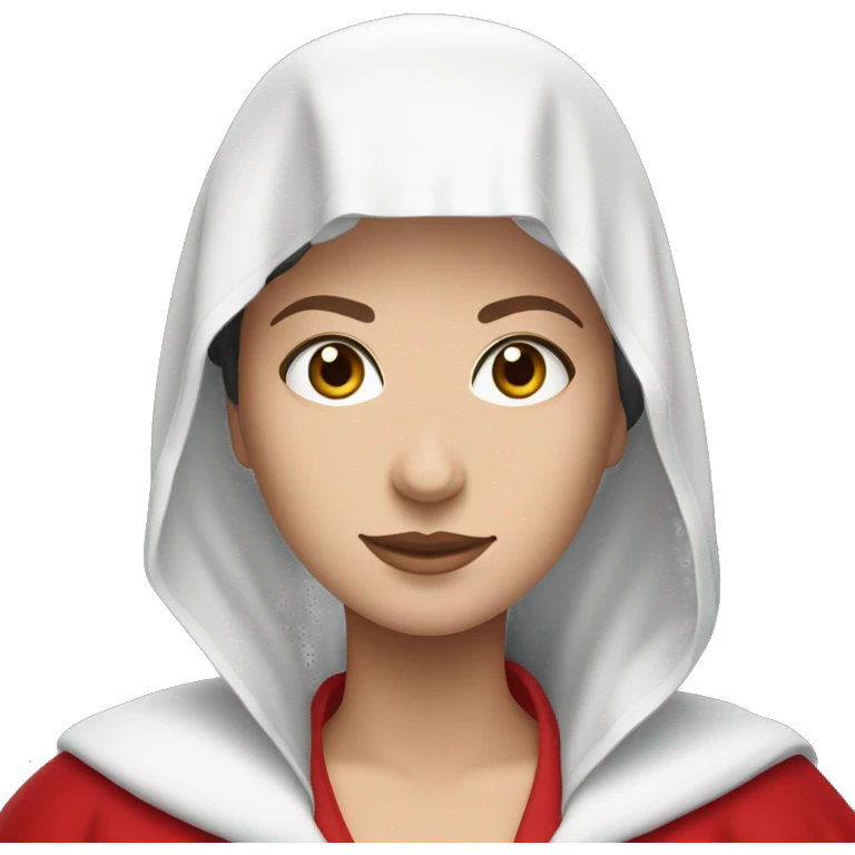only one curly haired brunette caucasian handmaid in a completely red robe with red hood  emoji