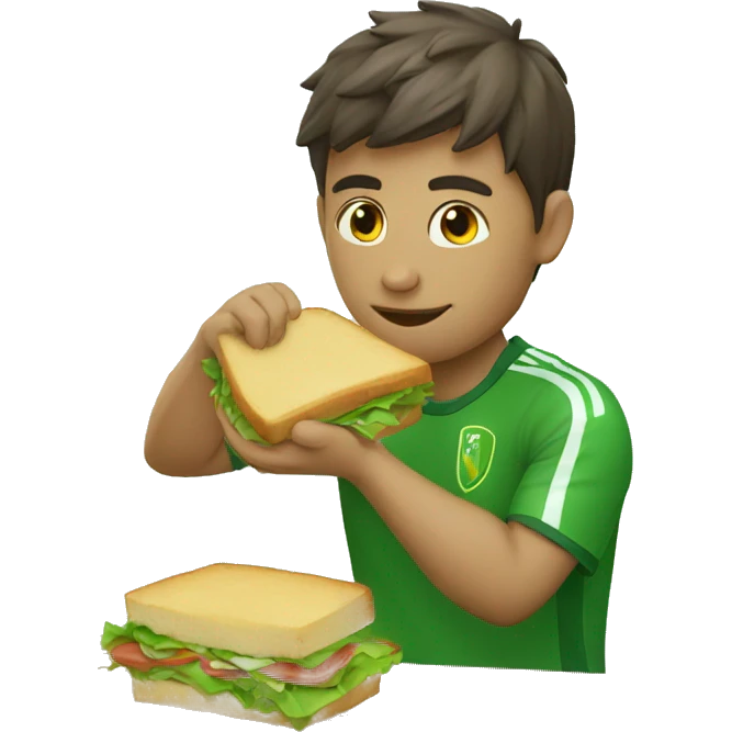 soccer player wearing a green shirt with a broom in their hand eating a sandwich emoji
