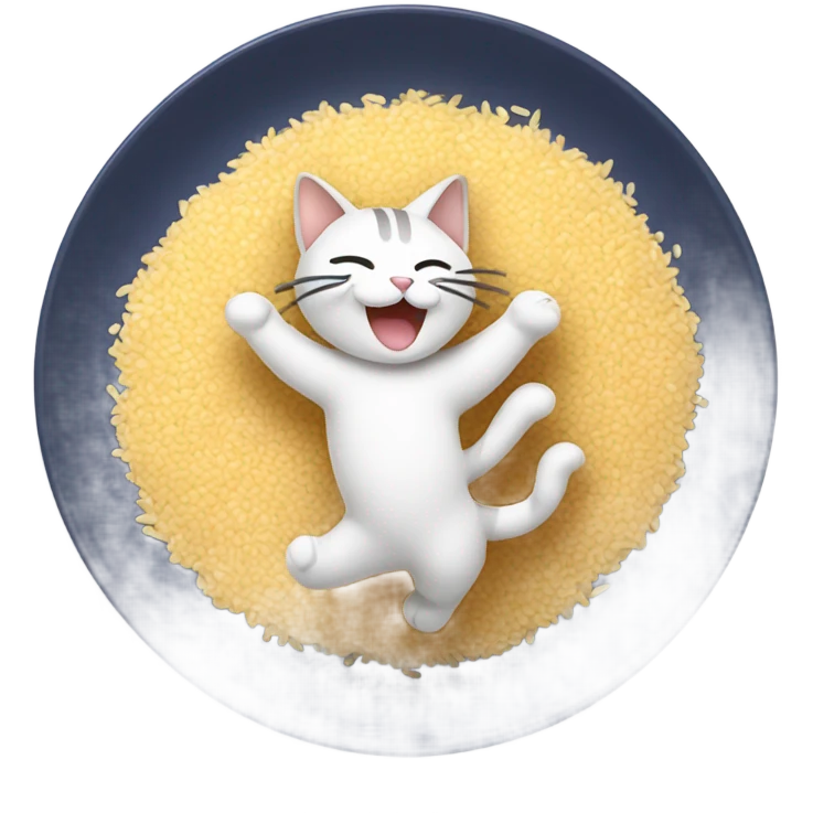 À cat dancing on a plate of rice emoji