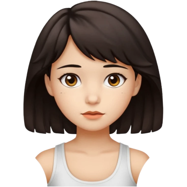 A pretty girl with dark brown eyes and short wavy dark hair with short side bangs and a neutral expression, with chinita skin and a white tank top(not sleeveless)emoji emoji