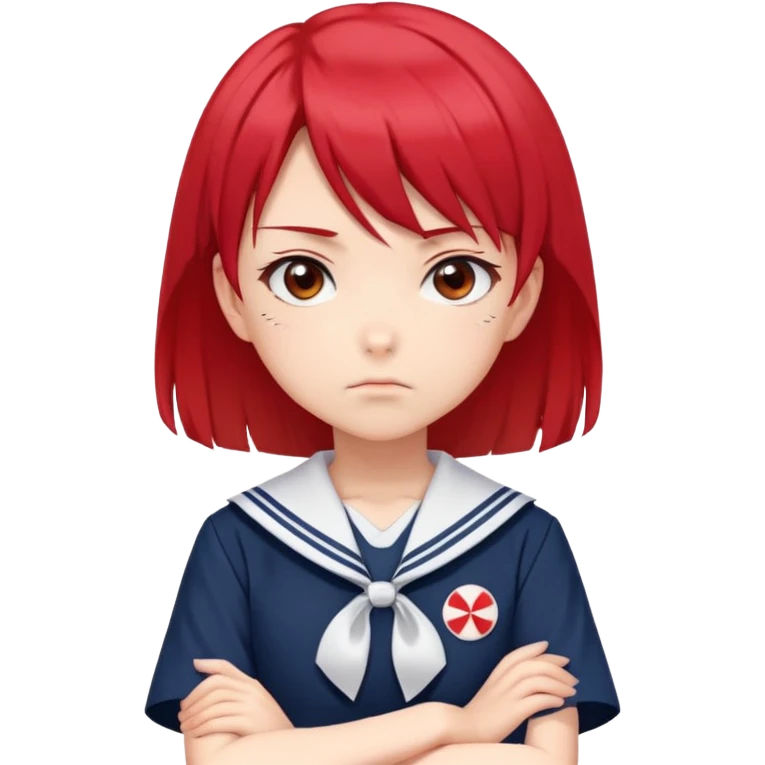 Serious anime girl with short bright red hair wearing Japanese sailor style school uniform, stern expression with arms crossed, focused and determined look emoji