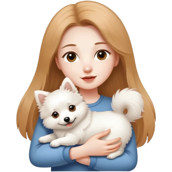 long light brown hair girl with pale skin holding one white Japanese spitz dog in her arms emoji