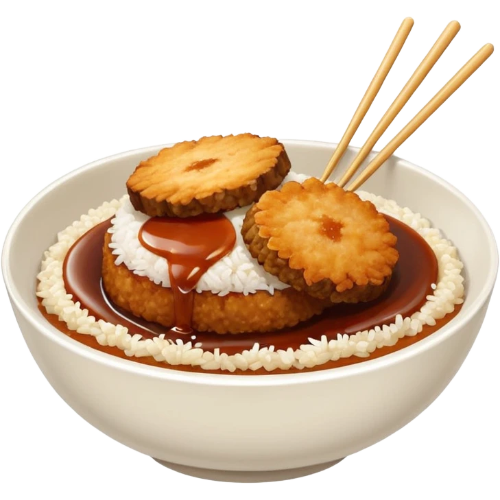 bowl filled with rice, a bit of brown sauce over the rice and a breaded pork cutlet over it. no cutlery or chopsticks anywhere emoji