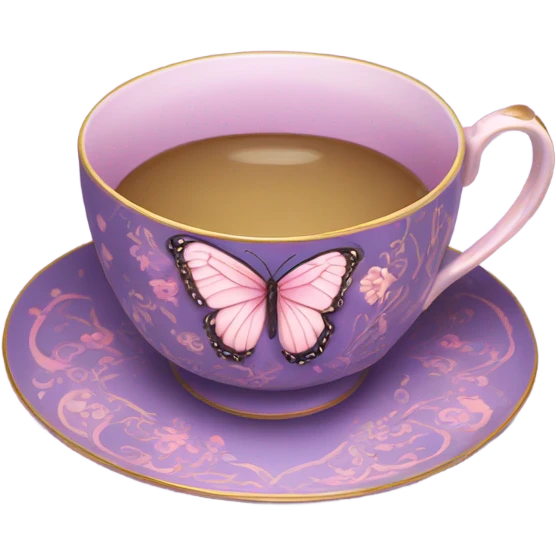 A delicate butterfly with pastel pink wings, resting on the edge of a purple porcelain teacup adorned with intricate violet floral patterns. emoji