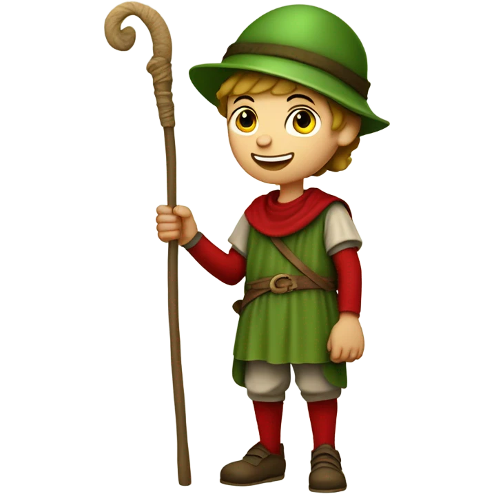 13th century European pilgrim boy with staff, red stockings, short green tunic and green hat saying ok! emoji