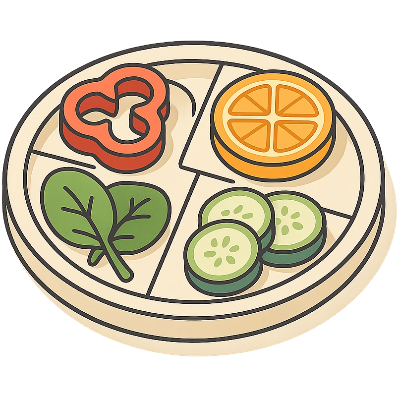 Harvard plate with vegetables and fruits, 2D isometric style, minimalist background, soft shadows and highlights, transparent background, vegetables and fruits sliced emoji