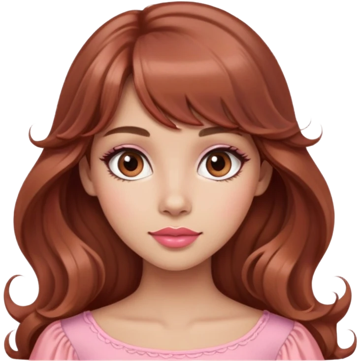 cute woman, light tan skin, big brown eyes, very long princess wavy auburn hair, bangs, pink top, coral lipstick emoji