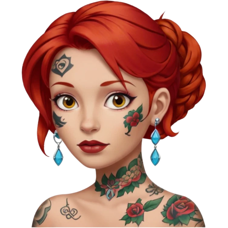 red hair woman with extra  big earring and face tattoed emoji