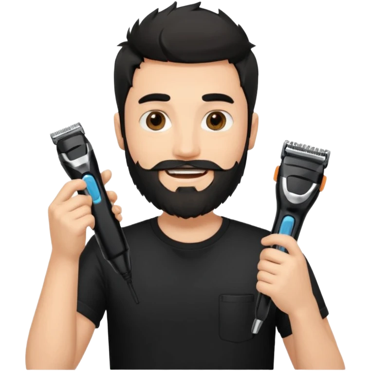 young fair-skinned man with messy black hair and beard, smiling, black t-shirt, holding a single face beard trimmer in one hand, trimmer true to real size emoji