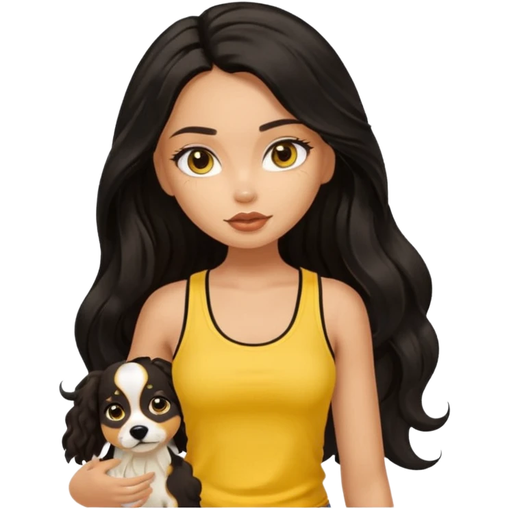 tan pretty bratz girl with long wavy black hair, wearing a yellow tank top with a dog emoji