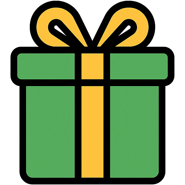 Add color to the gift icon using a green box with a gold ribbon, maintaining the clean, minimal icon style. emoji