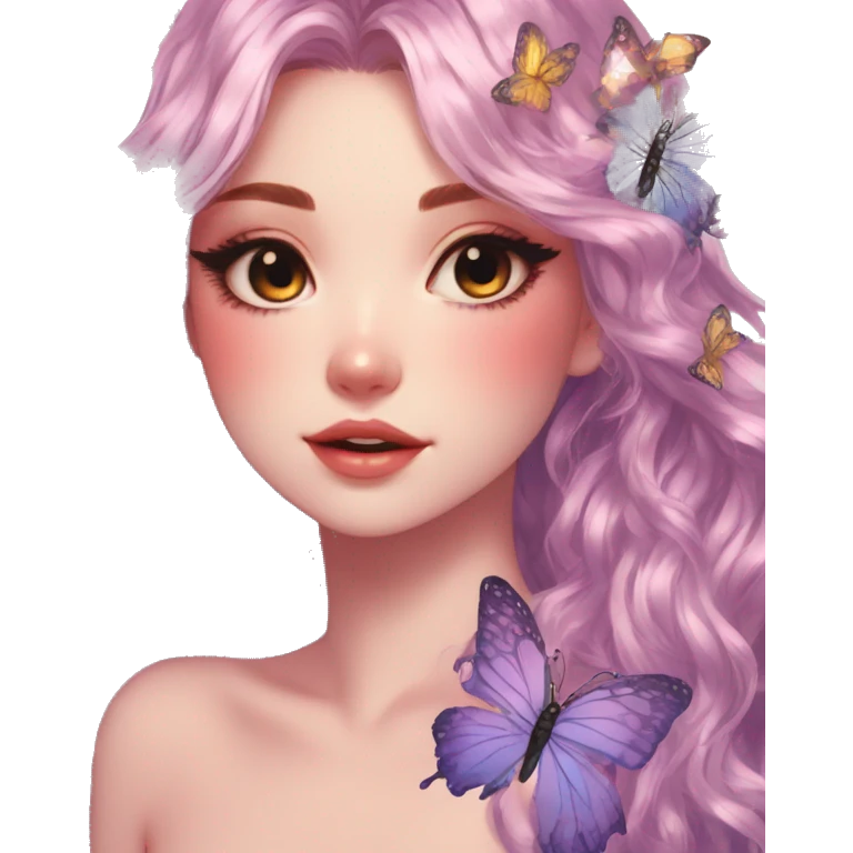 gorgeous shiny blushing anime lady with butterflies and beautiful hair fairycore high quality detailed vogue trending aesthetic emoji