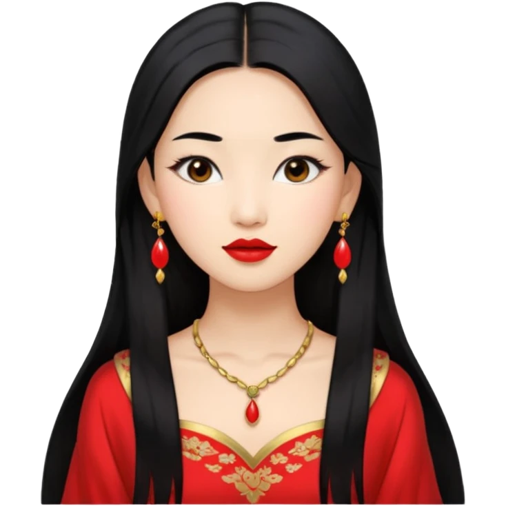 30 yr old asian woman, middle parted straight long black hair, very pretty, fancy dress, earings, red lipstick emoji