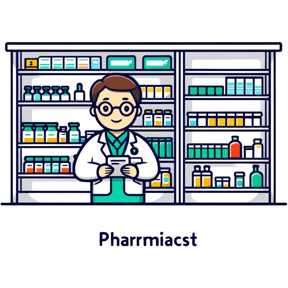 pharmacy shelves, pharmacist, sign emoji