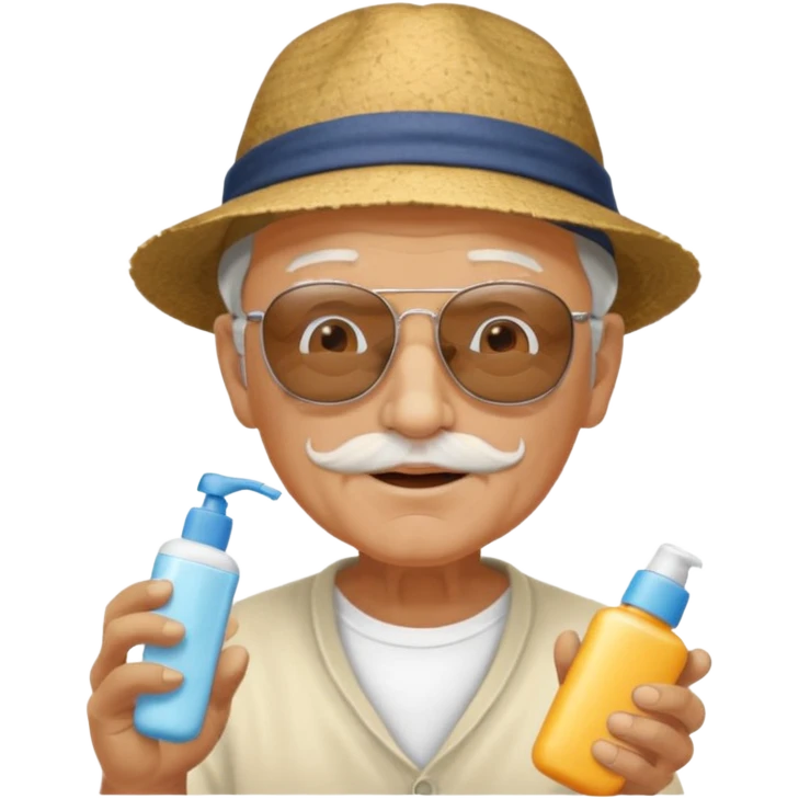Old man on island with lotion and kids emoji