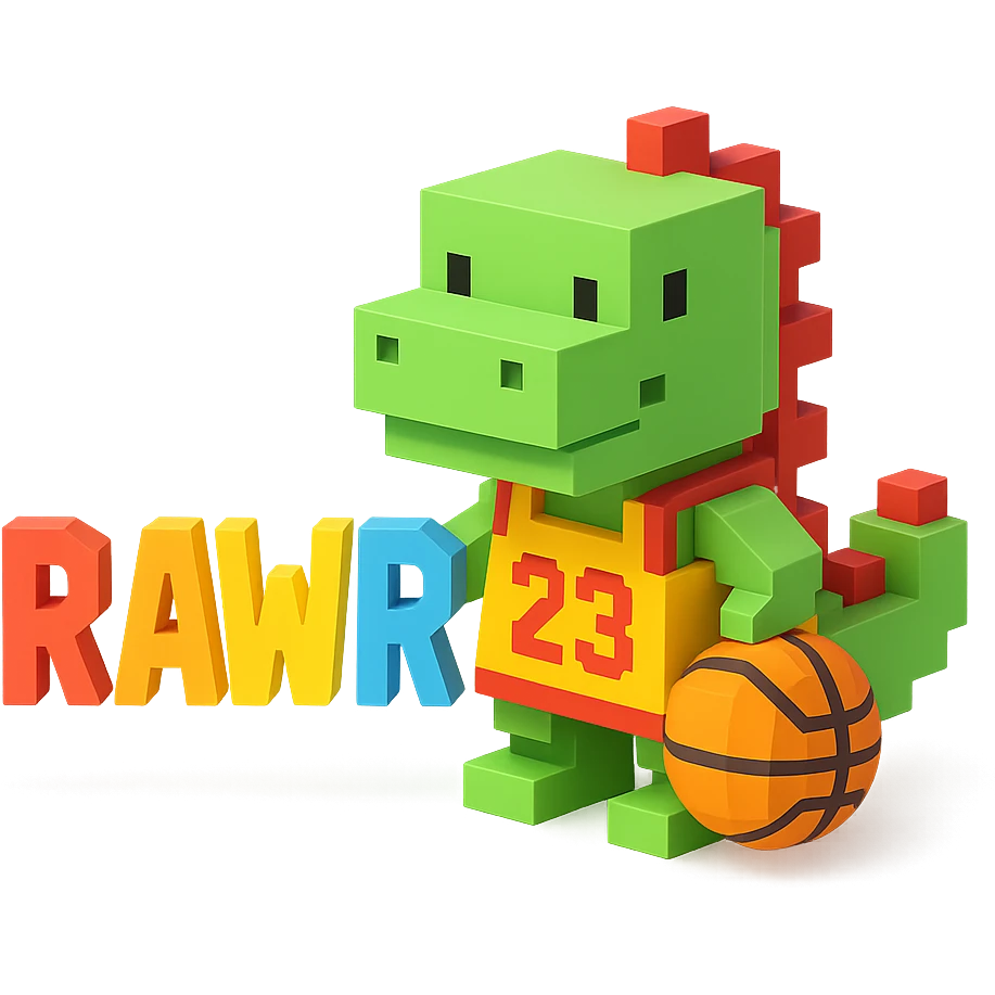 надпись "RAWR" и динозавр с баскетбольном мячом в майке с надписью "23", no background  emoji