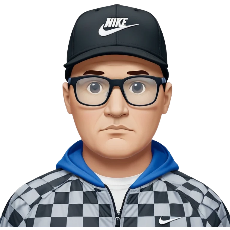 50-year-old heavyset man with very wide face and prominent square jawline wearing a black Nike baseball cap with visible Nike swoosh logo. Large dark square glasses. Serious-relaxed expression. Light gray jacket that fits his larger frame, white shirt with blue checkered pattern. emoji