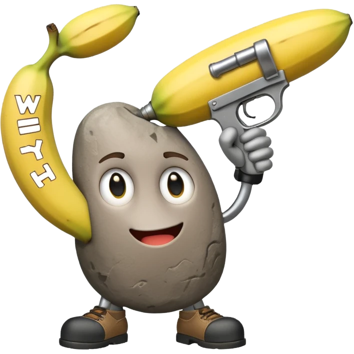 a rock with a banana gun saying why emoji