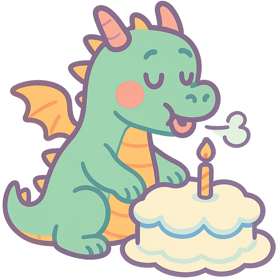 happy dragon blowing out 1 candle on cloud cake, pastel-toon style emoji