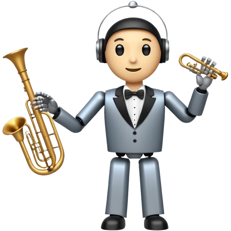robot a sophisticated and elegant emoji that represents orchestration and arrangement. The design should feature a conductor’s baton, musical notes, and a symphonic score, symbolizing the process of arranging and orchestrating music. Incorporate instruments like a violin, trumpet, emoji