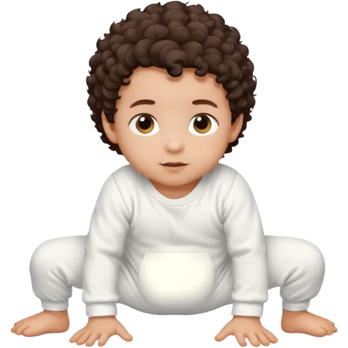 Baby boy crawling in white onsie, curly dark brown hair emoji