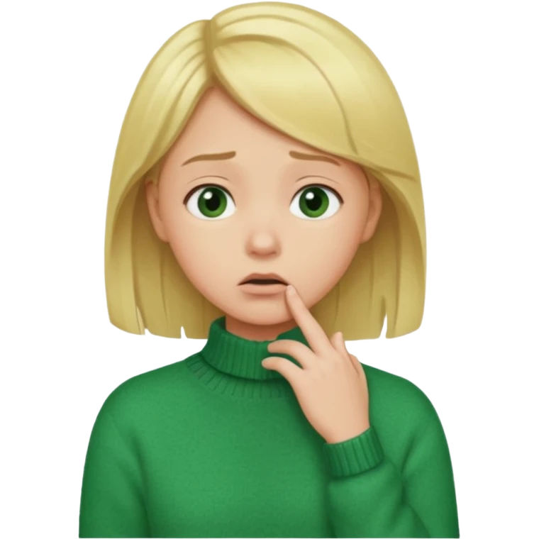 blonde girl has sore throat in green sweater with hand on throat emoji