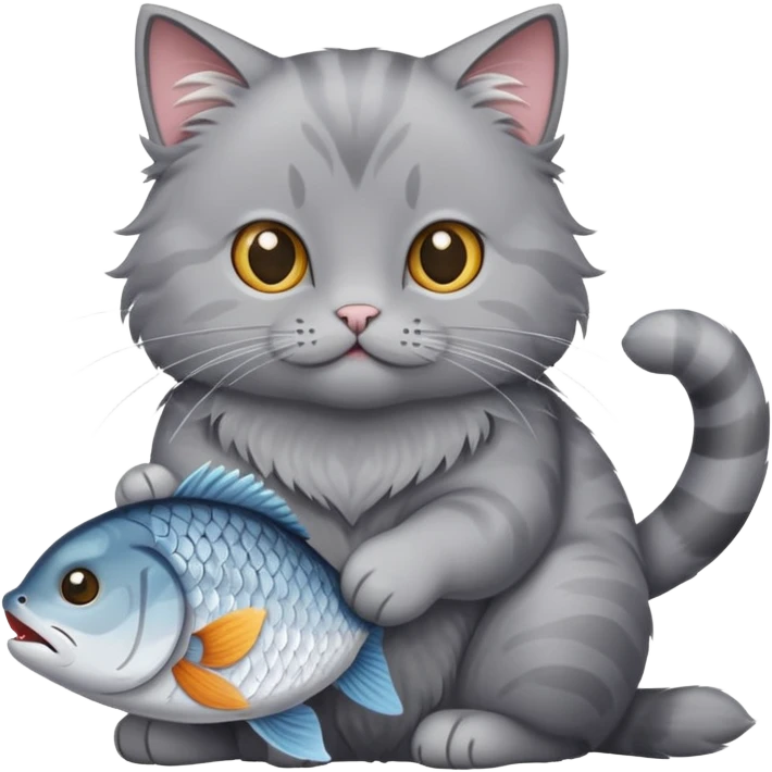 gray cat sitting and eating a fish emoji
