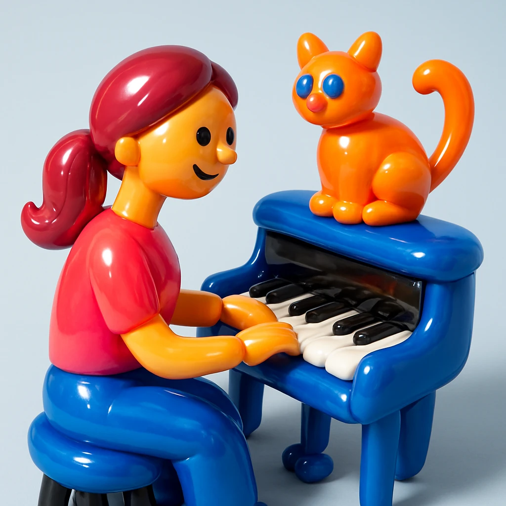 woman playing piano while her cat sits on top of the piano emoji