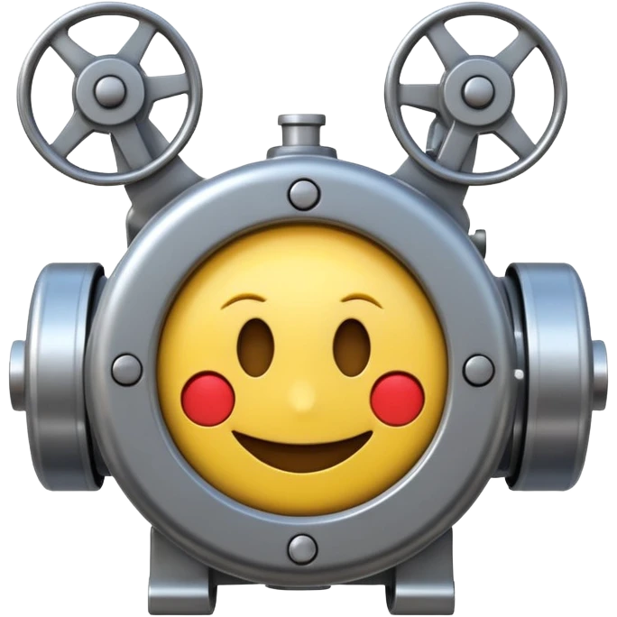 Industrial mechanical motor with a smiley face, emoji for the new electric music genre Motor breaks must be friendly and sellable must be small but clear child friendly, ready to use as a logo emoji