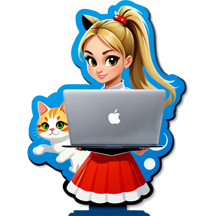 Blonde girl ponytail macBook and a cat emoji