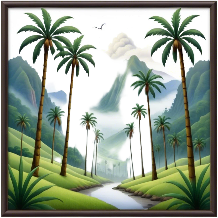 Cinematic Realistic Cocora Valley Landscape Emoji, depicted with towering wax palm trees in a lush, misty valley rendered with rich textures and dynamic, natural lighting. emoji